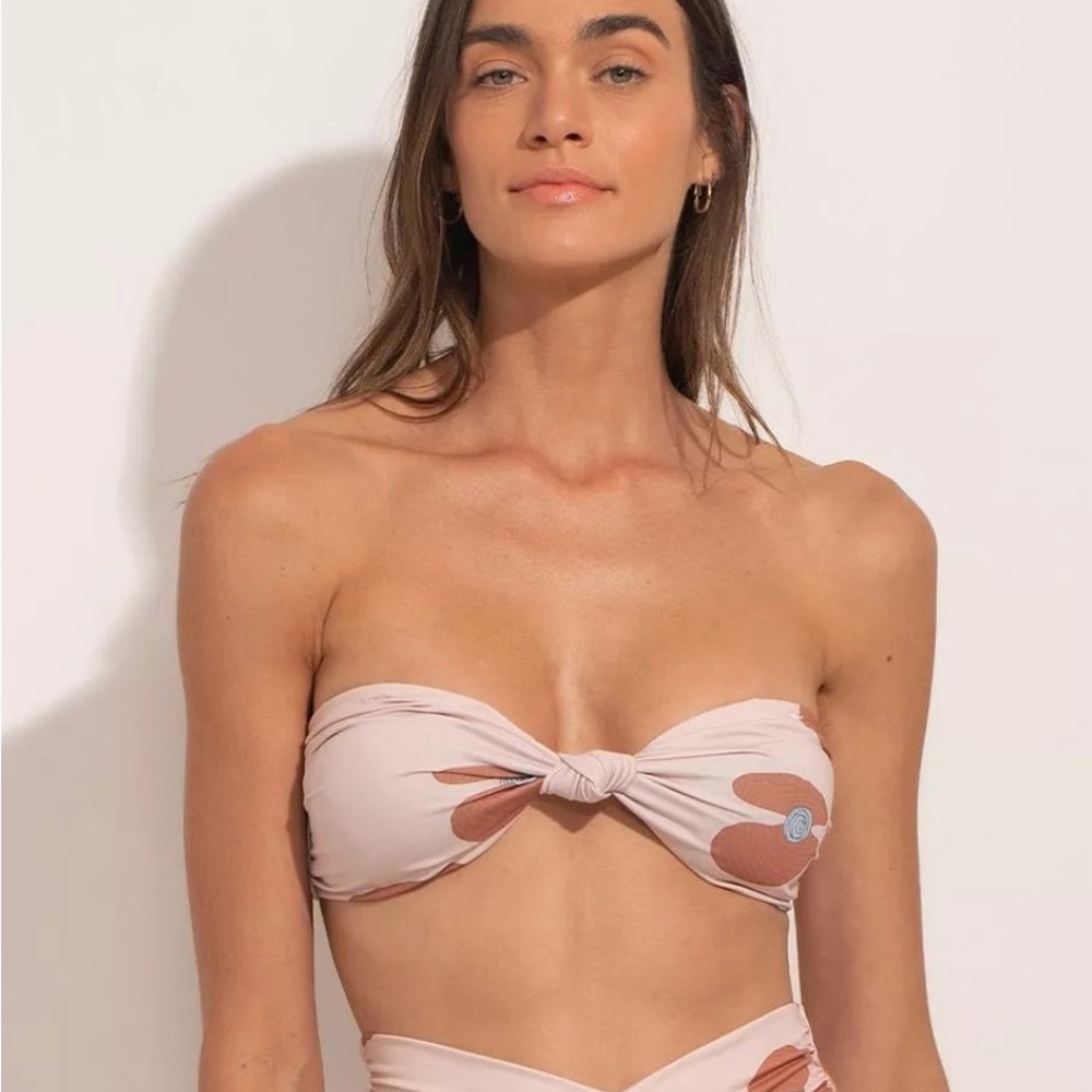 Ancora “The Ocean Muse” Blue & Tan Bandeau Bikini Top with Bow Detail - Sz M